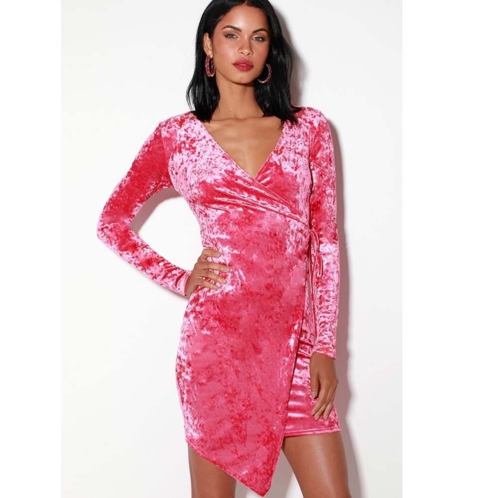 Lulu’s Long Sleeve Hot Pink Velvet Wrap Dress